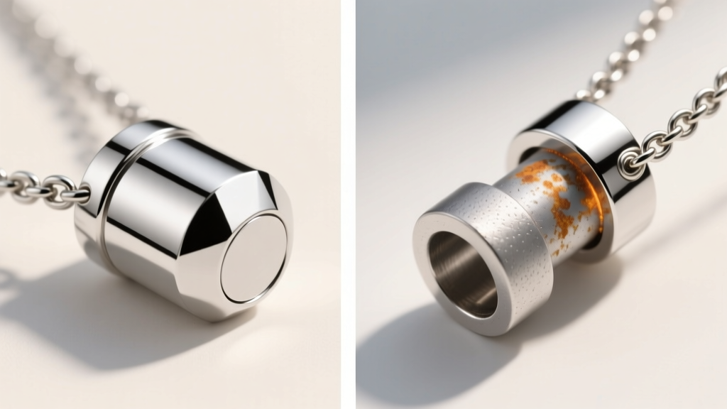 Side-by-side of laser-welded nodes on a platinum Orion necklace versus traditional soldered joints showing slight oxidation marks.