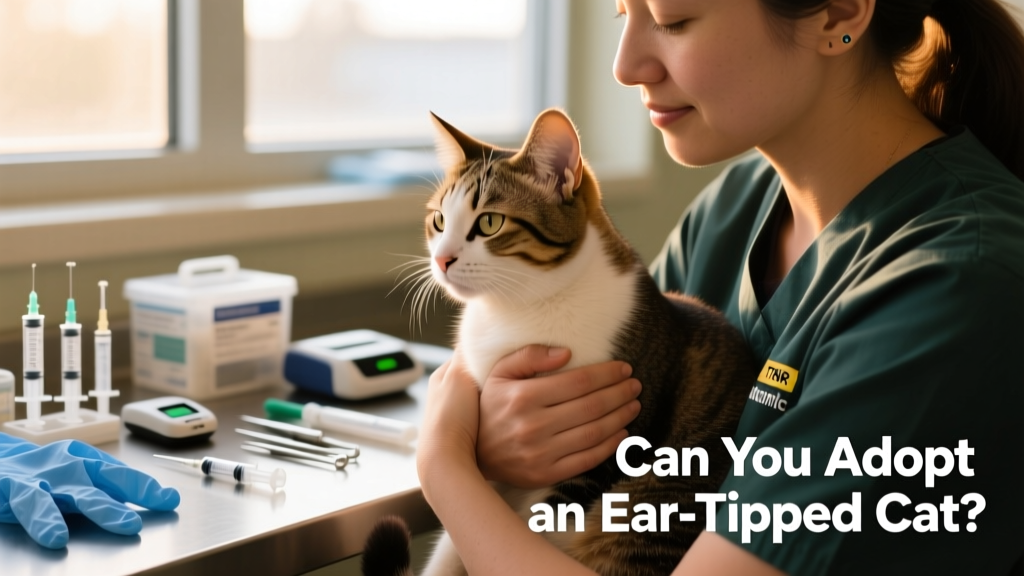 A volunteer gently holding a calm, ear-tipped cat during a TNR clinic, with medical supplies visible in the background