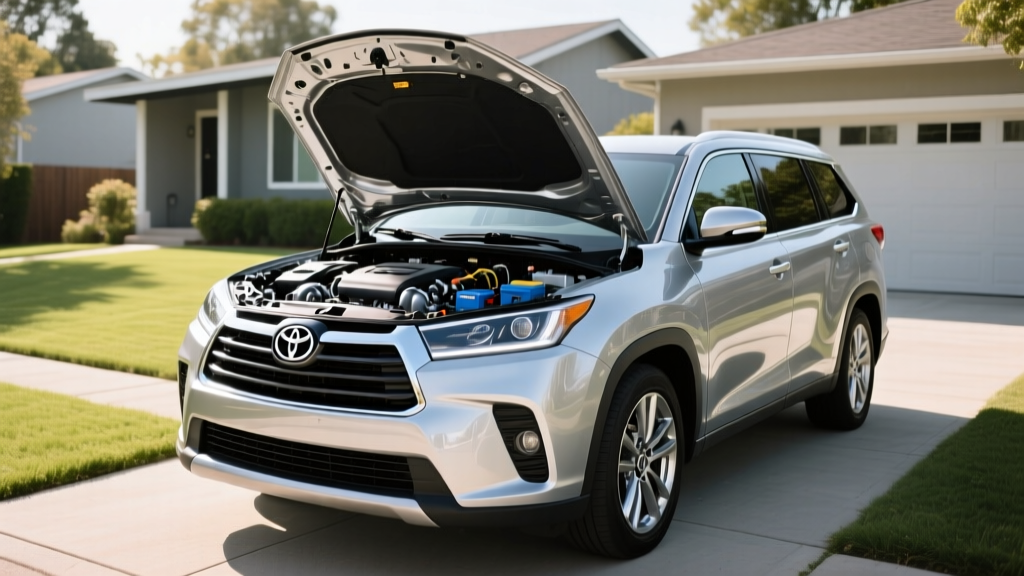 A silver 2026 Toyota Highlander Hybrid parked on a suburban driveway with the hood open to display the 2.5-liter hybrid engine bay.