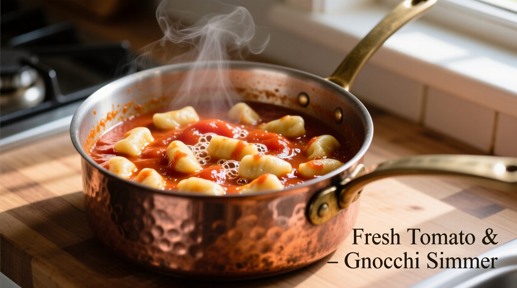 Fresh tomato sauce simmering with gnocchi in copper pot