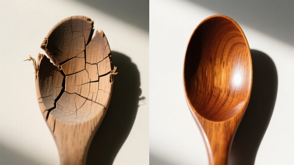 Side-by-side macro comparison of a splintered cheap wooden spoon and a well-maintained polished teak stirring spoon
