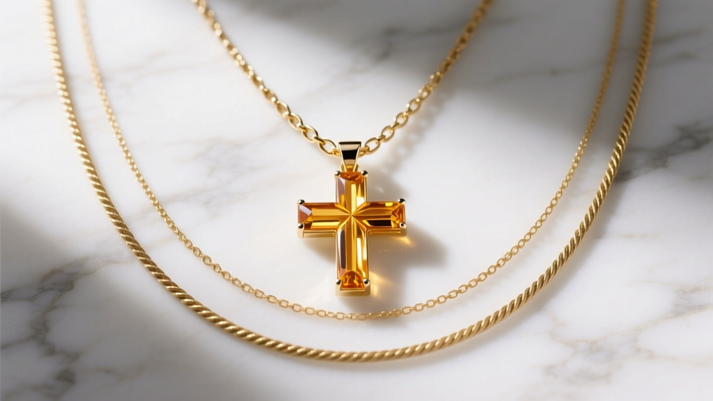 Layered necklaces on marble, featuring a central citrine cross pendant on a box chain flanked by two delicate gold cable chains