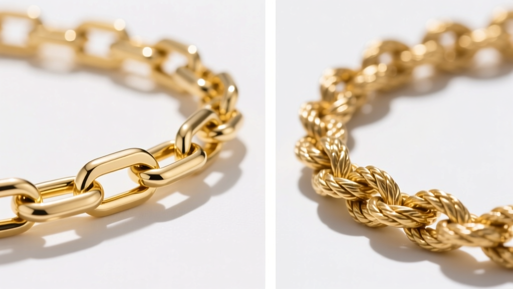 Macro comparison of a gold rope chain and box chain, showing the smooth flat surfaces of the box chain for easy saltwater removal