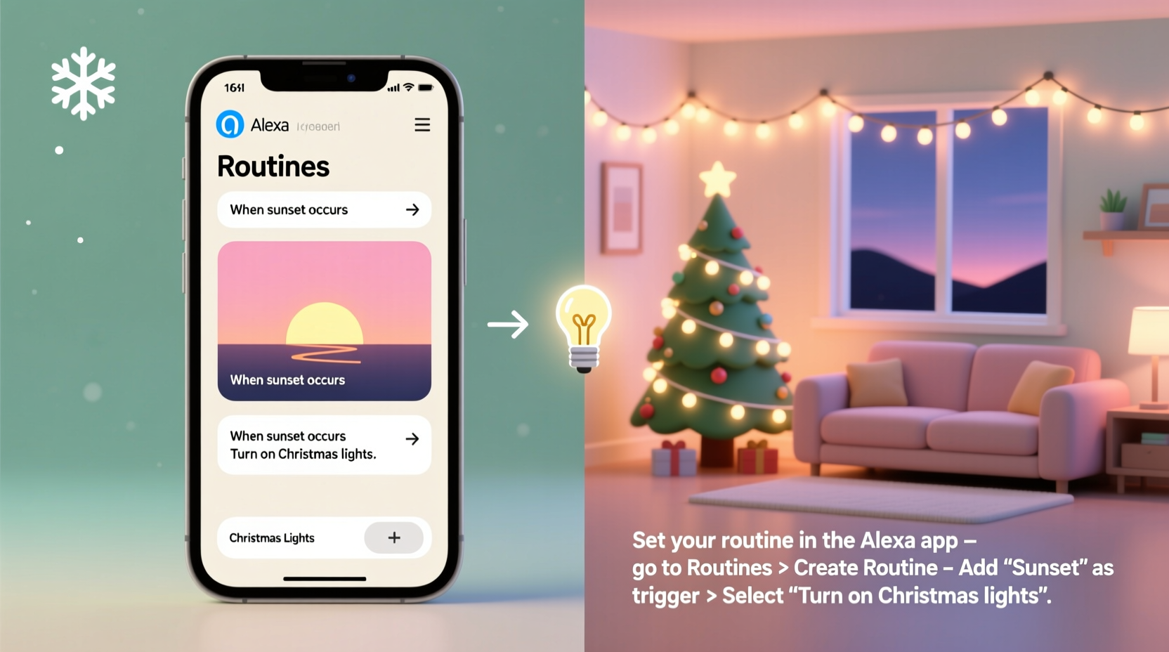 how to use alexa routines to automatically turn on christmas lights at sunset