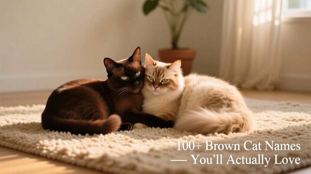 Two brown cats—one sleek and dark, one light and fluffy—curled together on a cozy rug