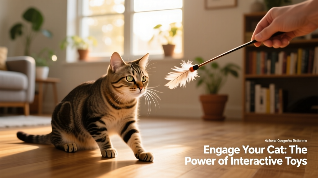 A cat intently stalking a wand toy held by a person