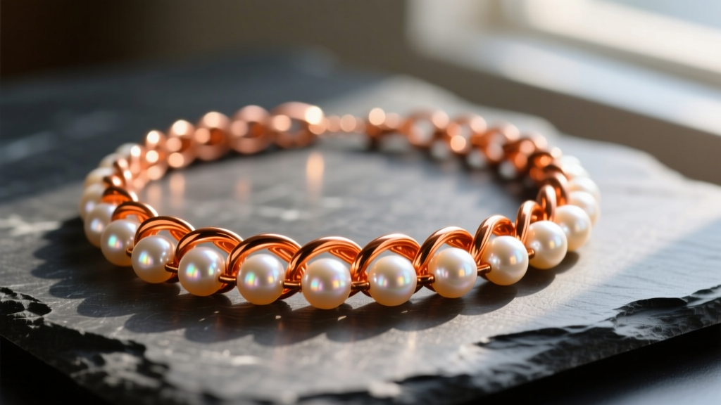 Close-up of a copper pearl necklace on dark slate, contrasting bright orange copper links with lustrous white freshwater pearls.