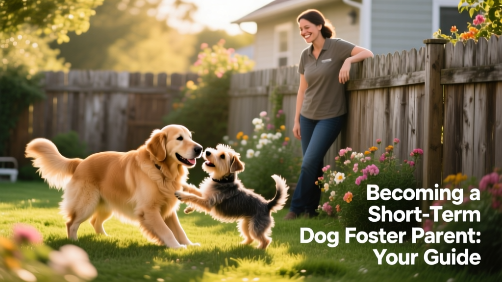 Two dogs playing gently in a fenced backyard with a person watching nearby