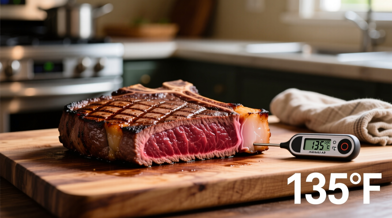 Perfectly cooked tri tip with internal temperature reading