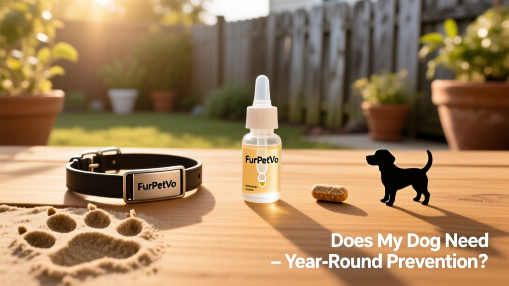 A side-by-side comparison of different FurPetVo flea and tick prevention options: a collar, topical applicator, and chewable tablet