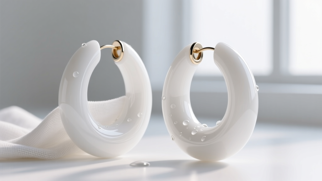 Close-up of thick white acrylic hoop earrings being gently wiped with a damp microfiber cloth, showing the smooth opaque texture.