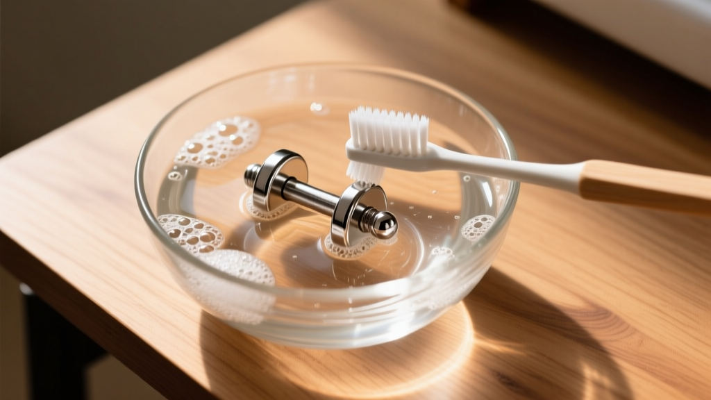 Top-down view of a glass bowl with warm soapy water and a soft toothbrush cleaning a titanium barbell earring on a wooden desk.