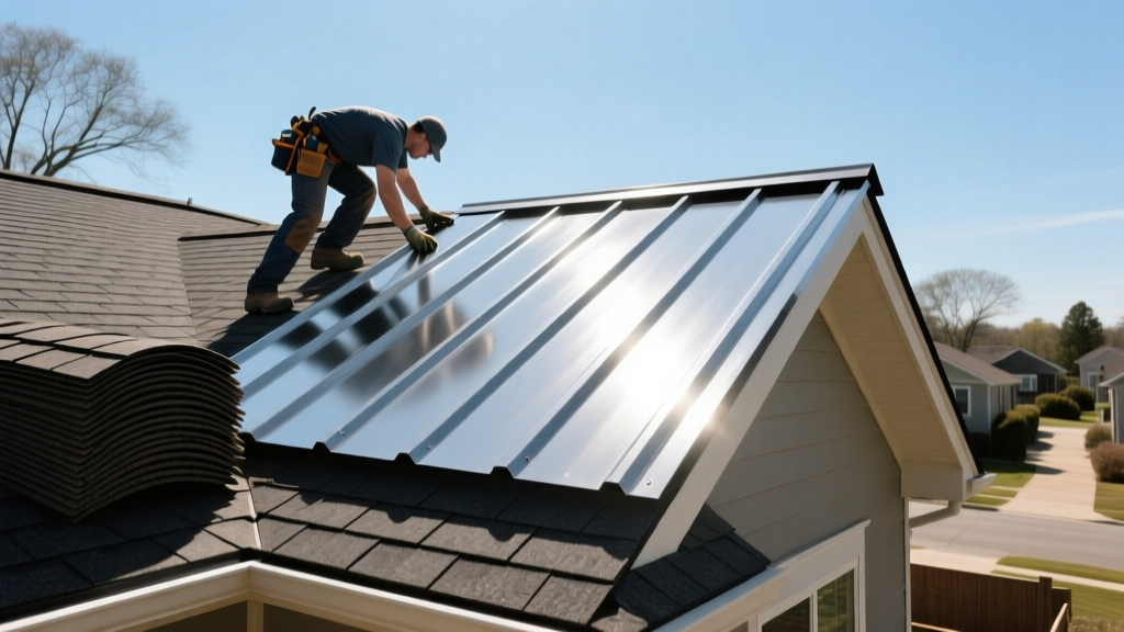 Roofing contractor installing standing seam metal panels alongside stacked asphalt shingles on a bright residential rooftop