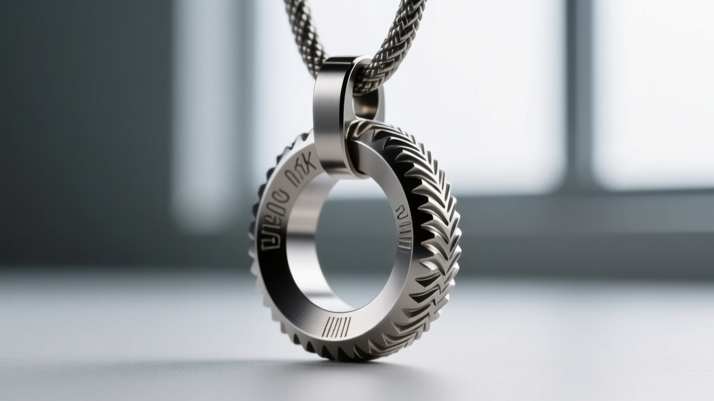 Macro photography of a CNC-machined stainless steel ripcord handle pendant showing precise knurling and a matte gunmetal finish
