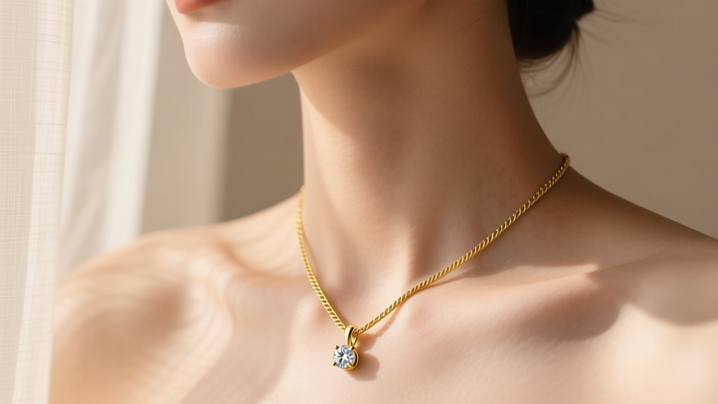 Delicate 14k yellow gold cable chain with a tiny bezel-set diamond pendant resting on a collarbone in soft natural light.