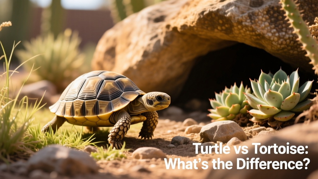 A juvenile sulcata tortoise exploring a naturalistic, plant-filled enclosure with basking rock and shaded hide