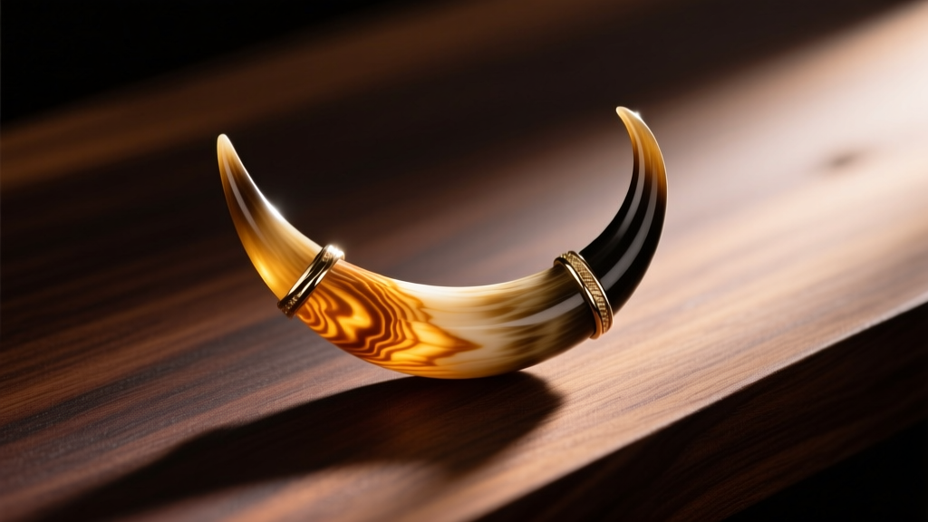Polished buffalo horn crescent pendant on dark oak, soft lighting highlighting natural amber striations and organic grain.