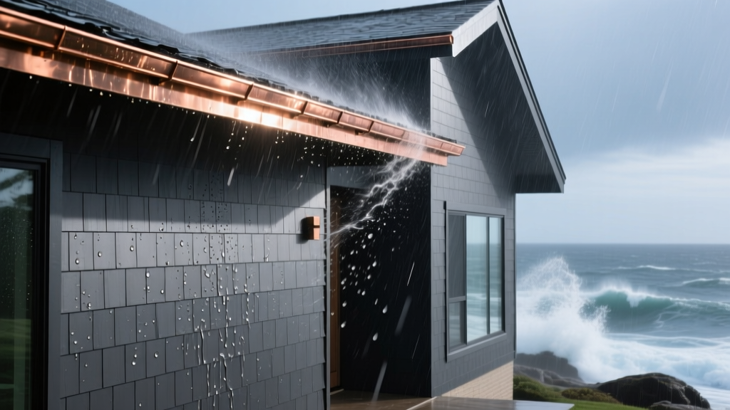 Dark gray fiber cement lap siding withstanding heavy rain and wind on a modern coastal home exterior with copper accents