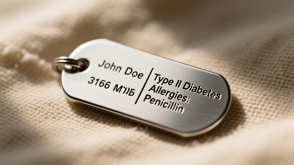 Macro shot of a 316L stainless steel medical ID tag showing deep laser engraving of text, resting on a textured beige linen cloth.