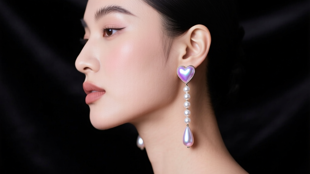Side-profile fashion shot of a heart-shaped face styled with elongated 15mm keshi pearl dangle earrings against a dark backdrop