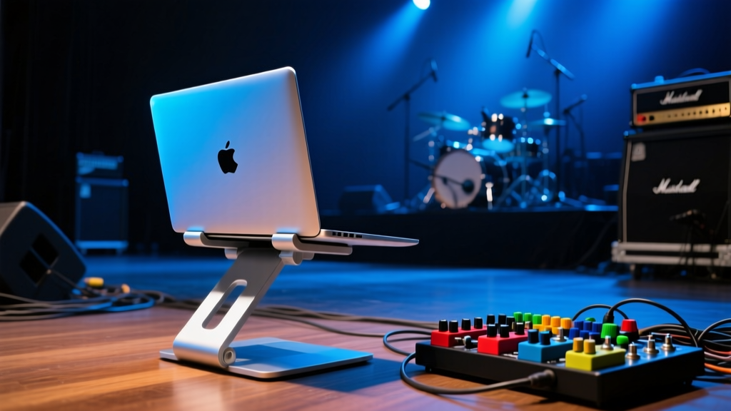 Crane laptop stand holding a silver MacBook Pro on a dark concert stage, illuminated by blue stage lights with a guitar pedalboard nearby