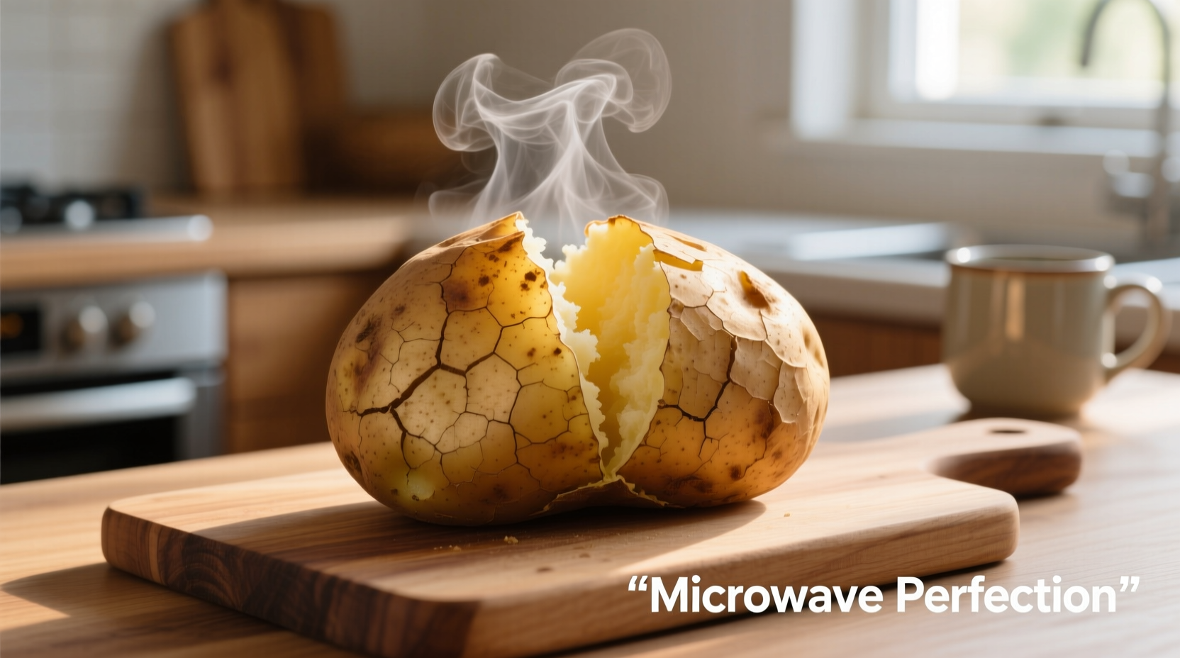 Perfectly cooked microwave jacket potato with steam rising