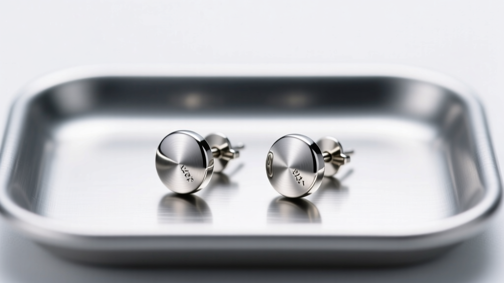 Macro shot of implant-grade titanium stud earrings on a sterile tray, soft lighting highlighting the polished metal surface