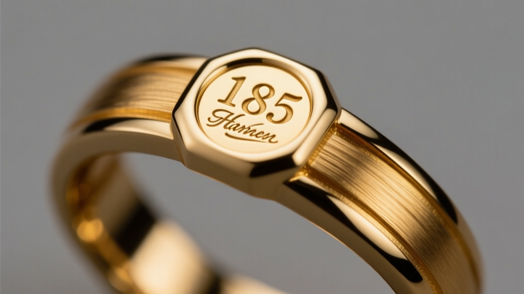 Macro shot of a 14k gold stamp inside a ring band, revealing crisp 585 and maker engravings under bright studio light