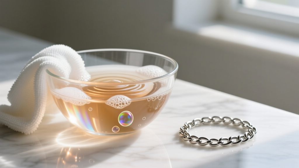 Glass bowl with warm soapy water and microfiber cloth next to a hypoallergenic stainless steel chain ready for deep cleaning