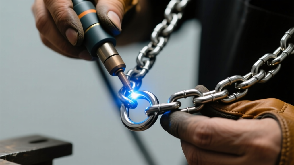 Macro shot of a jeweler using a laser welder to seal a heavy jump ring on a thick stainless steel industrial chain necklace.