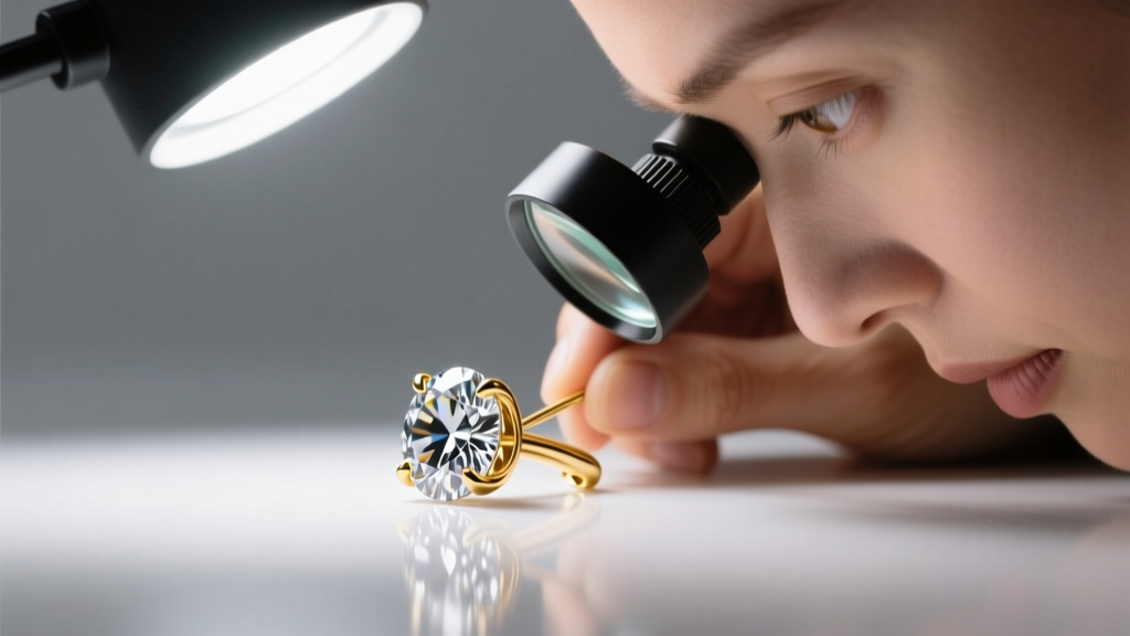 Jeweler using a 10x loupe to inspect the prongs and 18-gauge post of a gold diamond earring under bright LED bench lighting