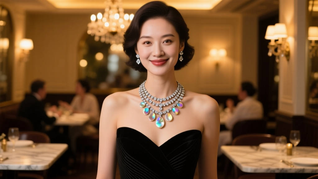 Woman in black gown wearing layered diamond and mother-of-pearl necklace, smiling softly in warm ambient restaurant light