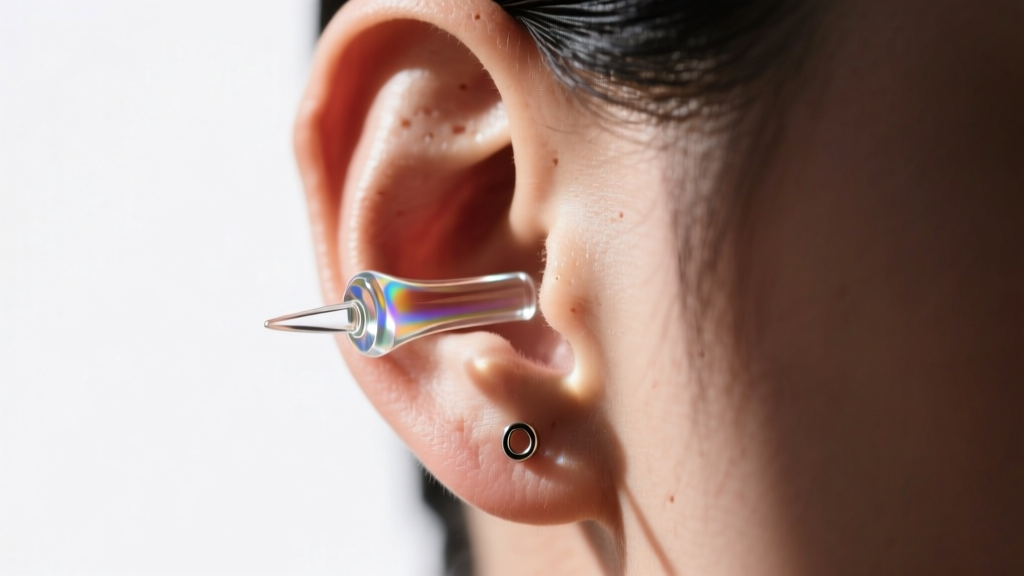 Side profile of a stretched earlobe wearing a 0g borosilicate glass single flare plug, illuminated by soft natural window light