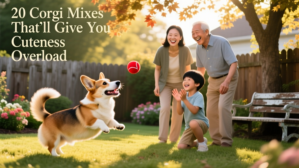 A smiling family playing fetch with their adopted Corgi mix in a sunlit backyard