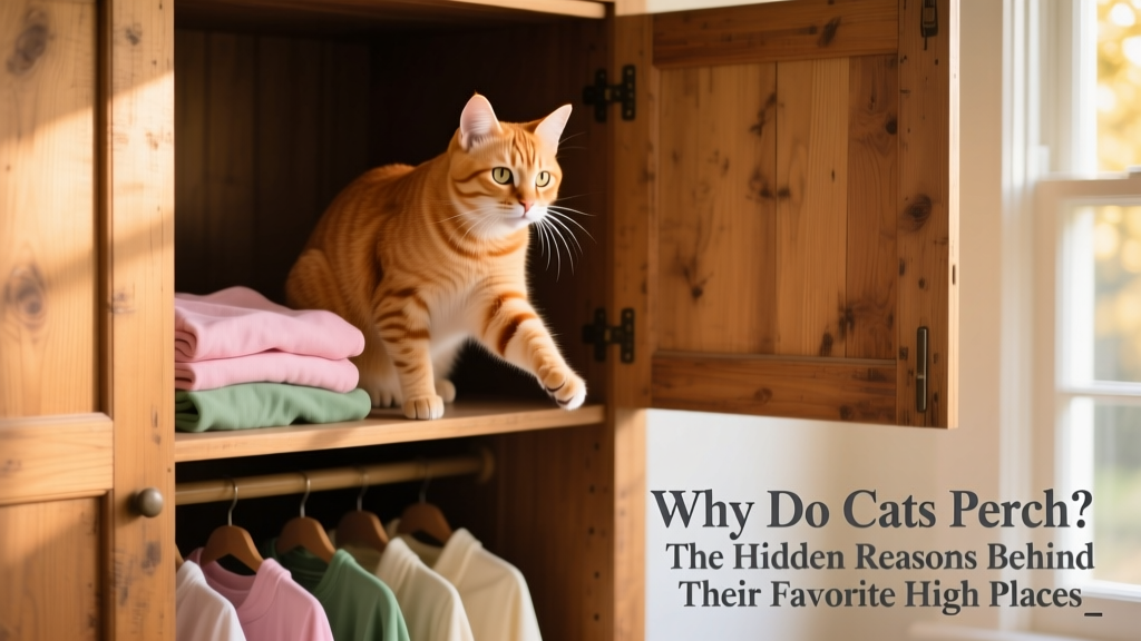 a ginger tabby cat perching inside a wardrobe shelf