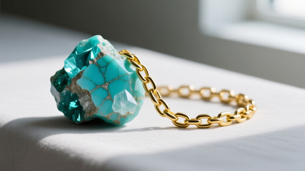 Macro shot of a raw turquoise nugget beside a polished 14k yellow gold chain, highlighting the stone's natural porous texture.