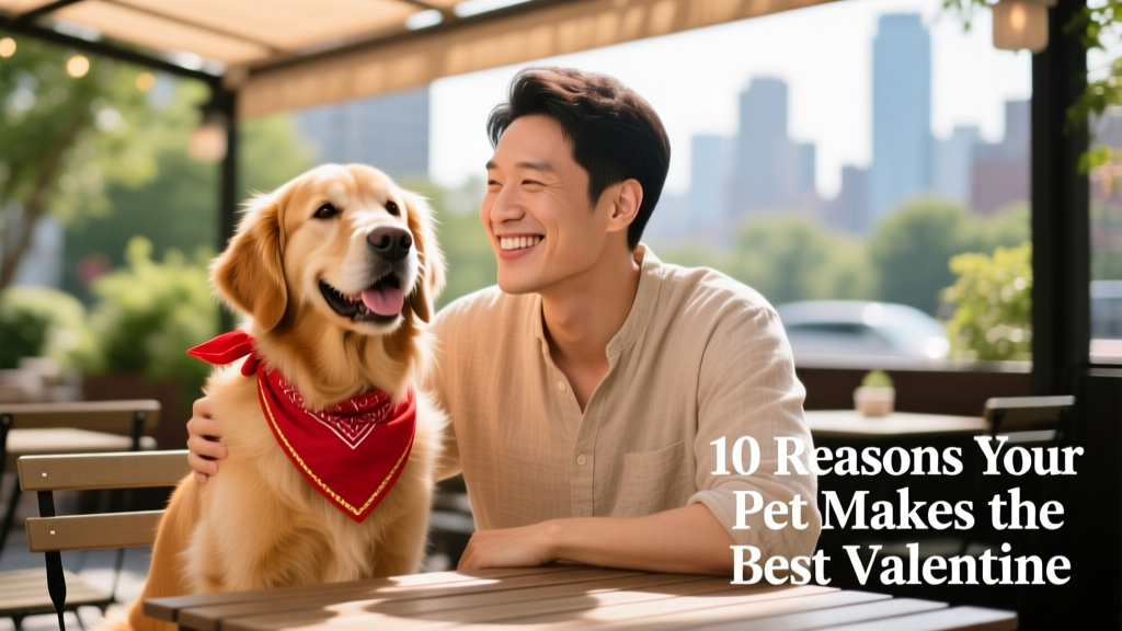 A happy dog sitting beside its owner at an outdoor café table, both smiling as the dog wears a festive red bandana
