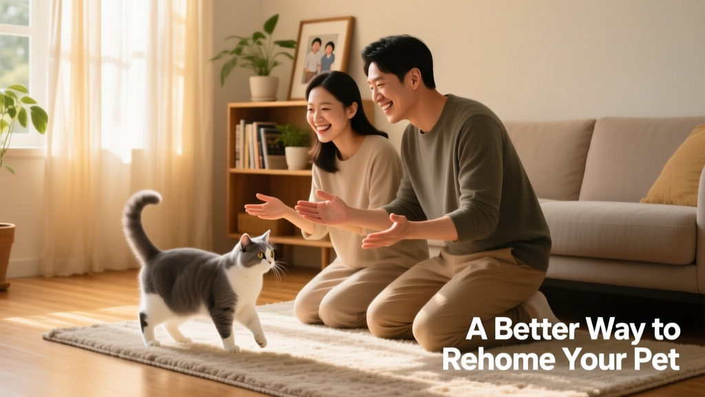 Two people smiling as they gently introduce a cat to its new adoptive family in a cozy living room
