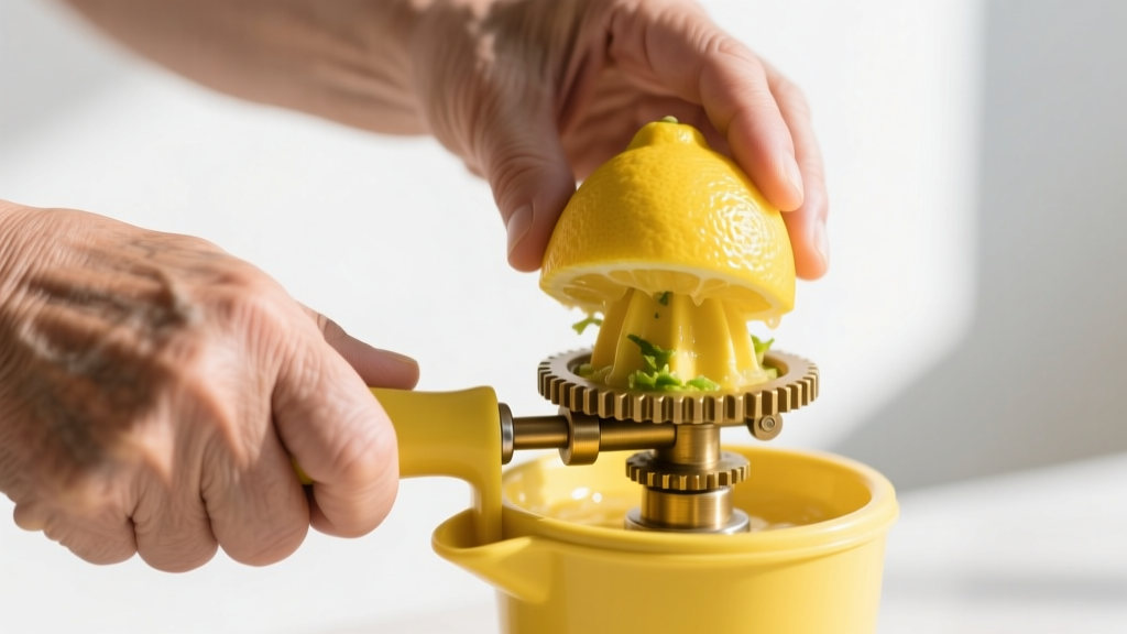 Close-up of a person with visible hand joint swelling comfortably using a yellow gear-driven citrus juicer to squeeze a lemon without applying heavy pinch grip pressure