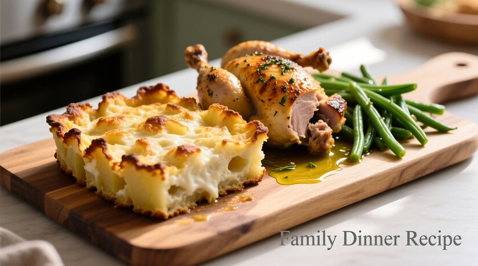 Potato bake served with roast chicken and green beans