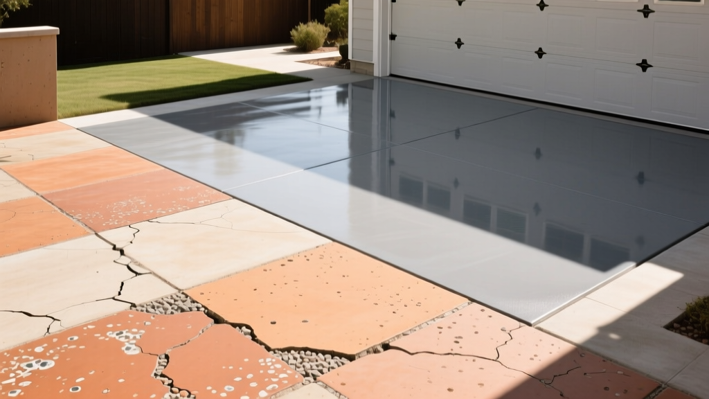 Stained concrete patio in earth tones beside a gray epoxy-painted garage floor, showing contrasting surface textures and material finishes