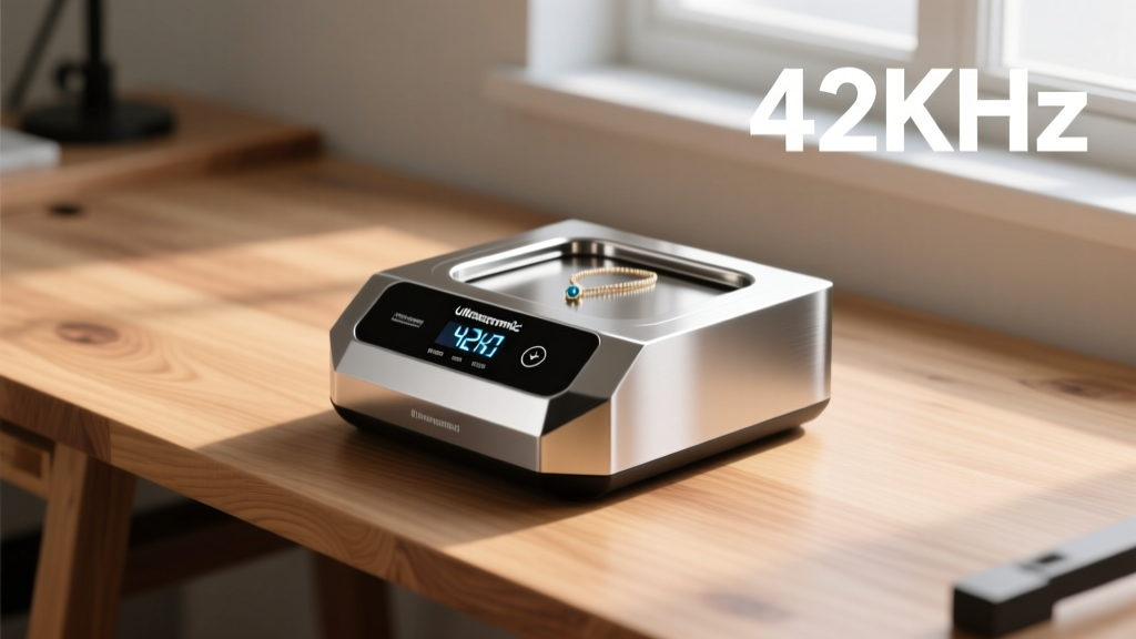 Professional ultrasonic jewelry cleaner with a digital display showing 42kHz frequency on a clean wooden jeweler