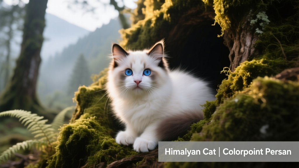 himalayan kitten sitting in a mossy tree