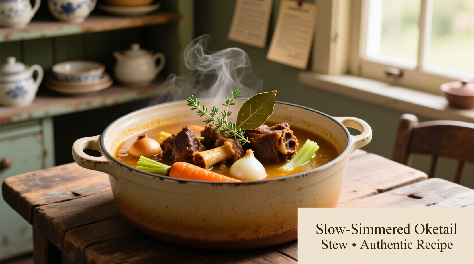 Slow-cooked oxtail stew in ceramic pot with vegetables
