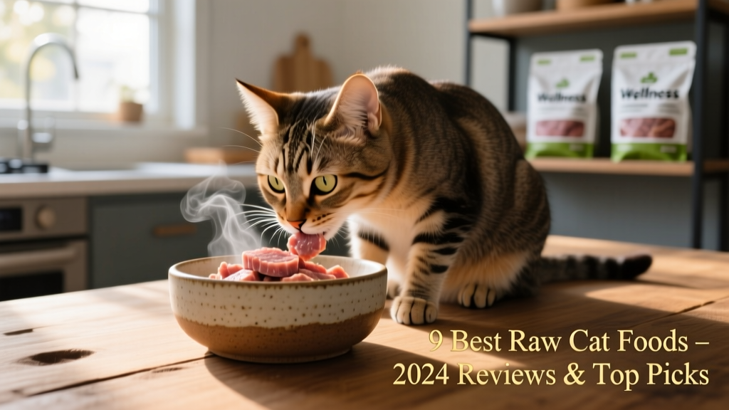 A happy, healthy-looking domestic shorthair cat eating raw food from a ceramic bowl, with visible steam rising slightly from freshly rehydrated patties