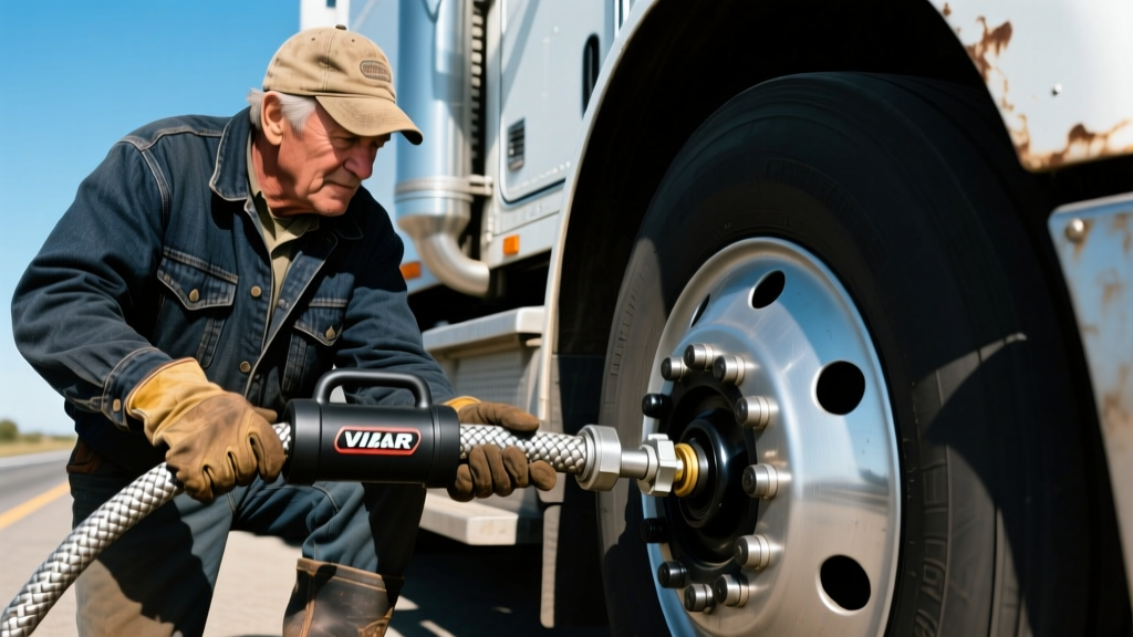 Close-up of a trucker connecting a braided steel hose from a VIAIR portable air compressor to a commercial semi-truck steer tire valve stem