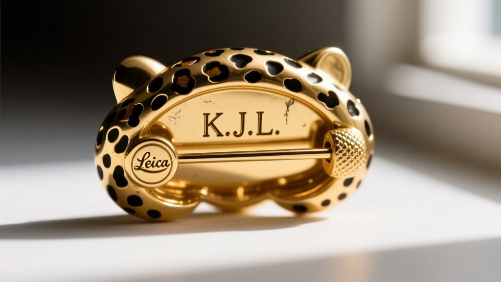 Macro photography of the back of a vintage gold-plated KJL leopard brooch, showing the stamped K.J.L. hallmark on the pin stem.