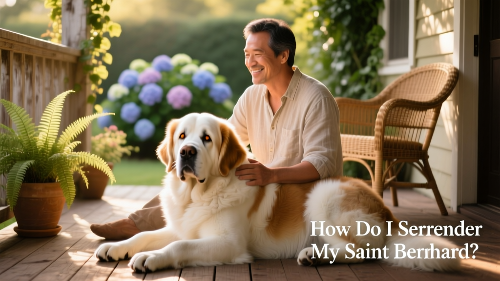 A gentle, calm Saint Bernard sitting beside its owner on a sunlit porch