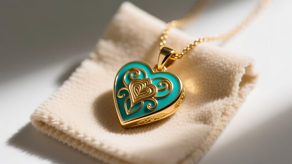 Close-up of a gold-plated brass heart pendant necklace with teal enamel inlay resting on a soft beige microfiber cleaning cloth.