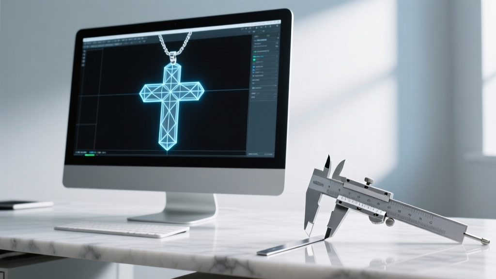 Computer monitor displaying a 3D CAD wireframe of a cross pendant, next to a physical silver caliper measuring metal thickness.